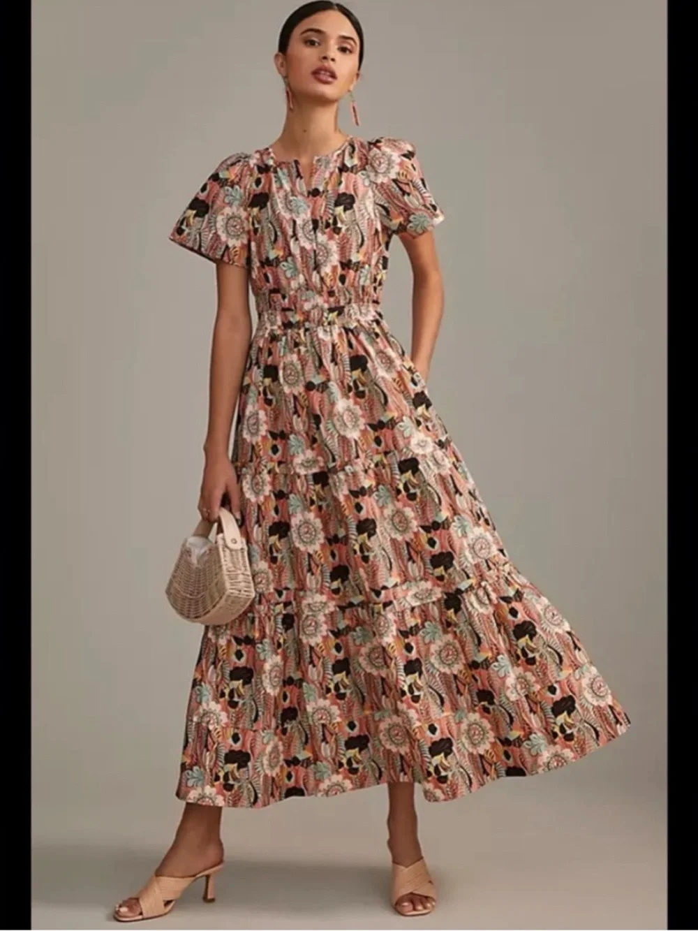 NWT Anthropologie Somerset Tiered Maxi Dress S Pastel Coral Floral Pockets Flowy - Picture 13 of 13